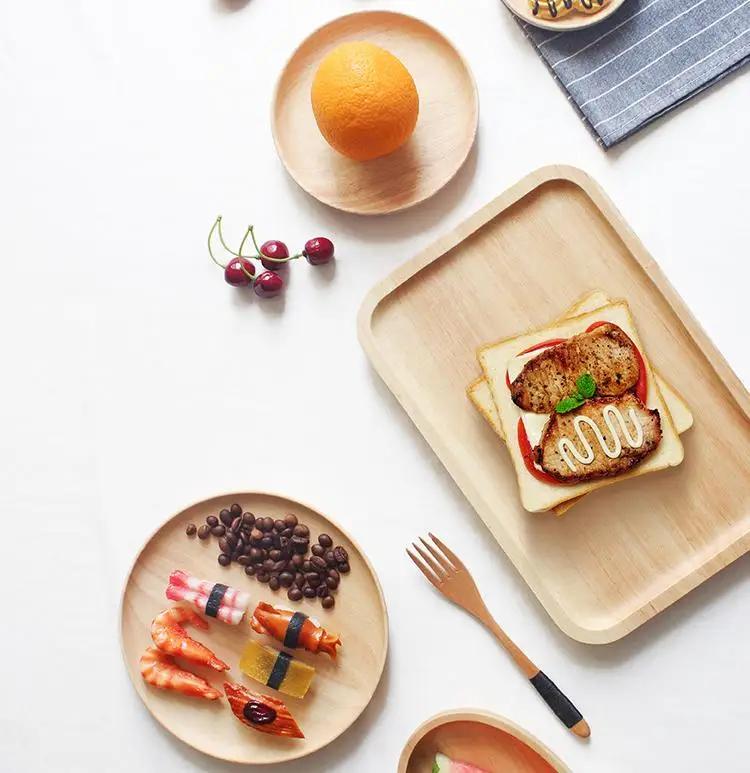 Japanese Style Rubber Wood Tableware Dinner Plates Solid Wooden Food Serving Tray Kitchen Dessert Cake Plate