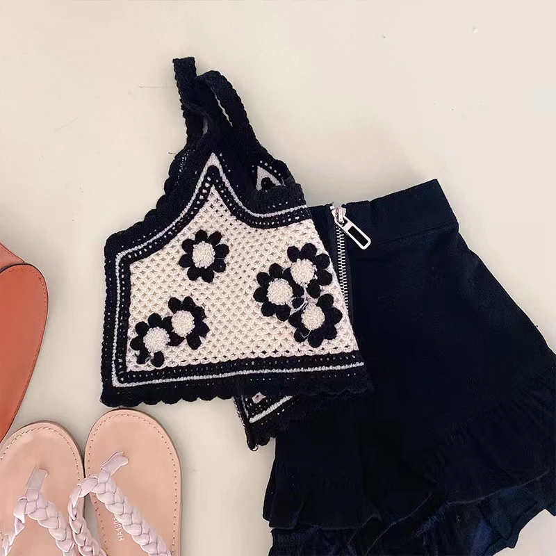 Summer new vintage crochet outerwear knit suit girls sweater vest net red openwork suspender short set
