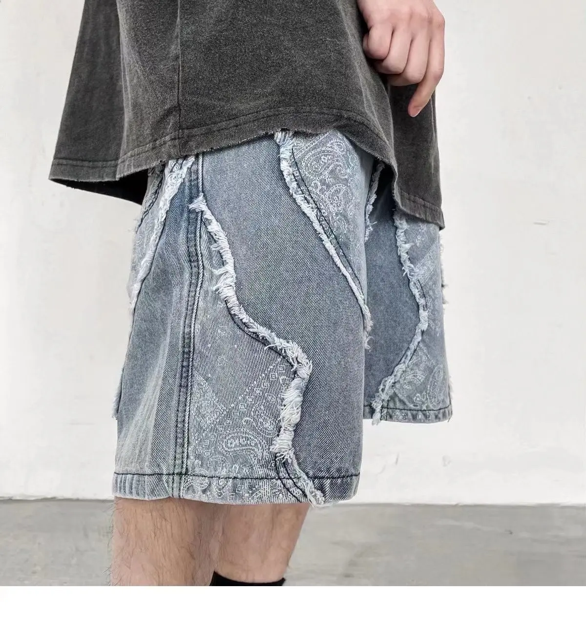 Custom Patchwork Breathable Denim Casual Shorts Baggy Jeans Short for Men Denim Fabric Knitted Washed Distressed Shorts Men