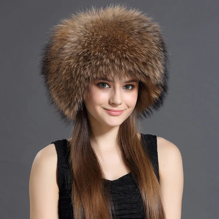 Whole Raccoon Fur Hat Women Real Fox Fur Ushanka Earflap Hat Furry Russia Style Winter Warm Trapper Hat