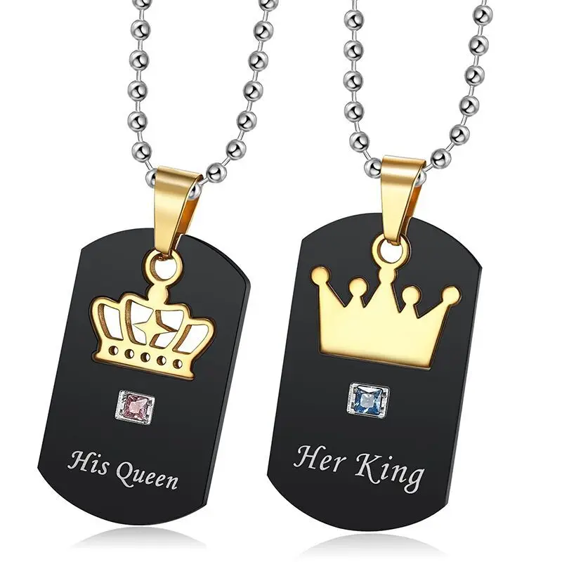 Valentines Stainless Steel Black Tags Gold Crown Couple Necklace Her King His Queen Pendant Necklace for Lovers