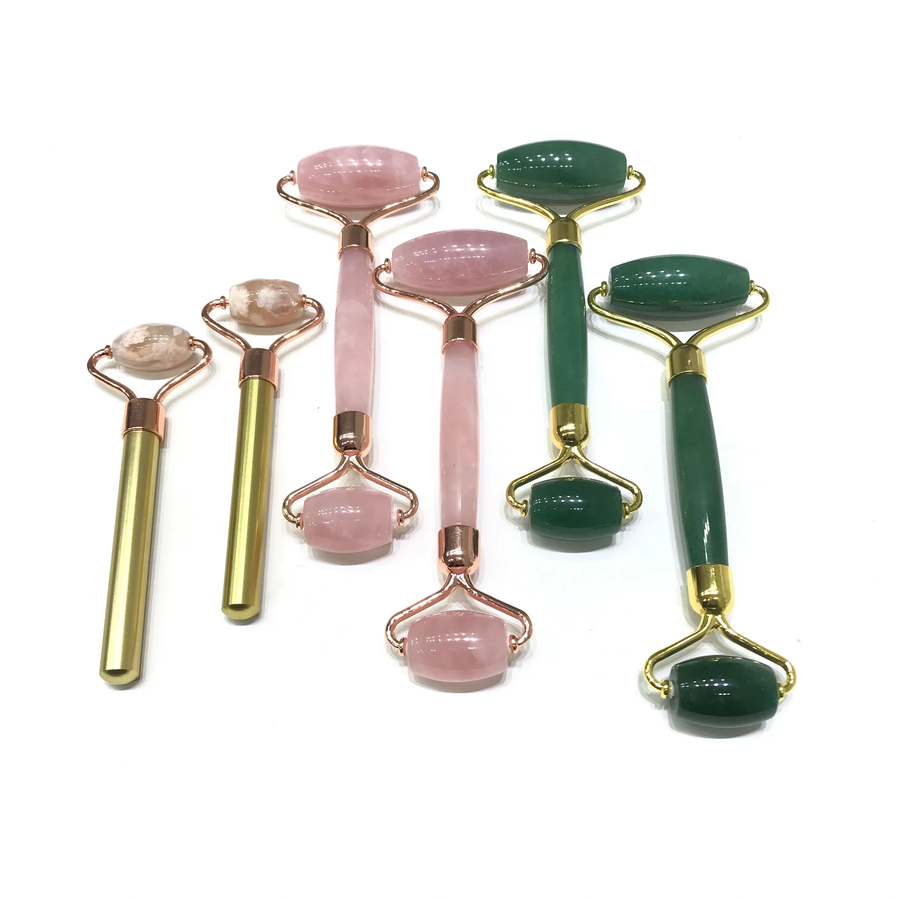 Natural Flower Agate Green Aventurine Rose Quartz Crystal Massage Face roller For Healing