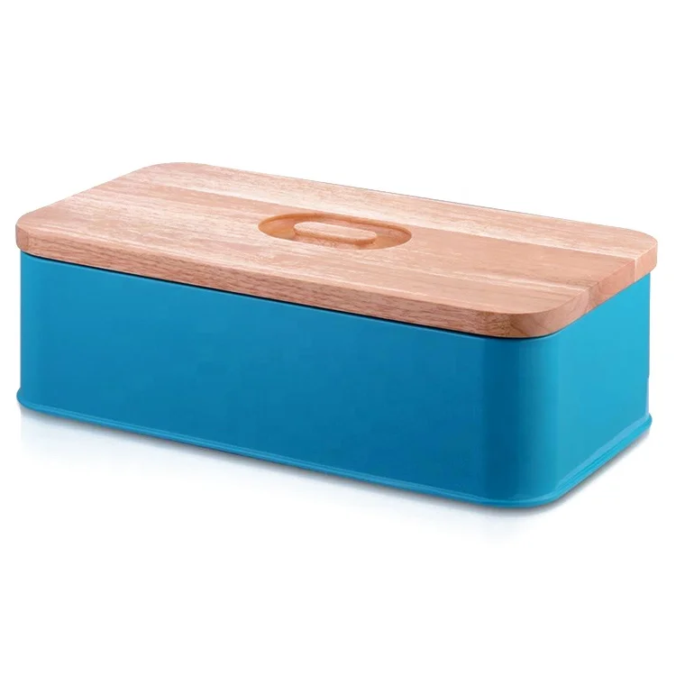 Vintage Design Rectangular Color Coated Steel Bread Storage Box with Bamboo/ Wood Lid Metal Bin