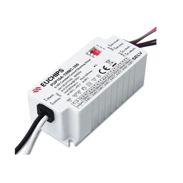 EUCHIPS Plastic 10W 1-10V Constant Current LED Dimming Driver 120VAC-277VAC Single Channel Dimmable Led Driver 120mA to 350mA