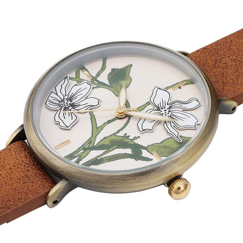custom antique bronze tone case stereoscopic, 3D printing face dial, vintage lady flower watch women