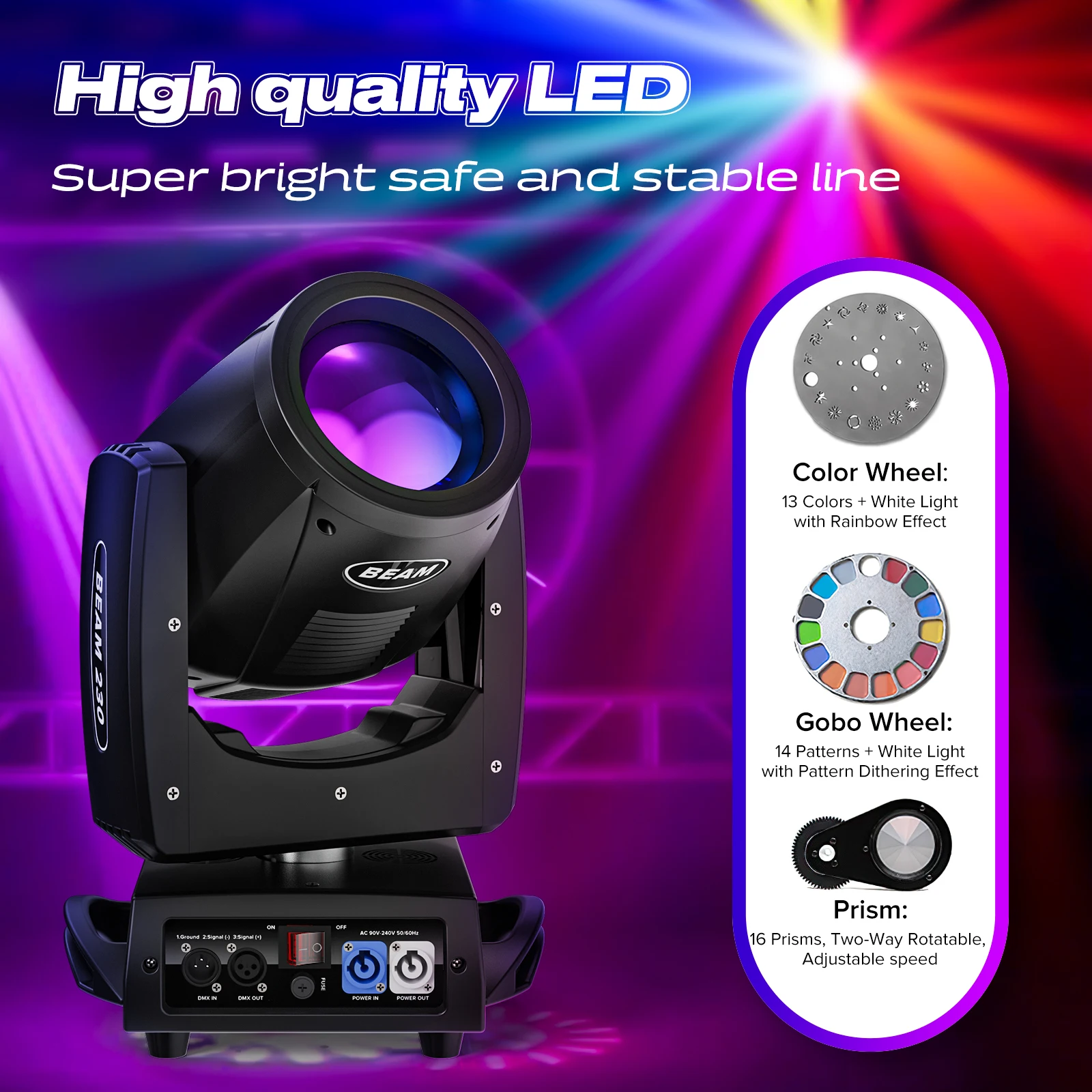 230W Stage Moving Head Light 15 Gobos and 14 Colors Rainbow Effect DMX512 Control for Disco Party Club Bar DJ Stage Lighting