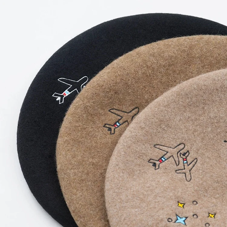 WD-A956  Winter Autumn Ladies Embroidered Carton Pattern Winter Wool Girls Beret Hat 2024