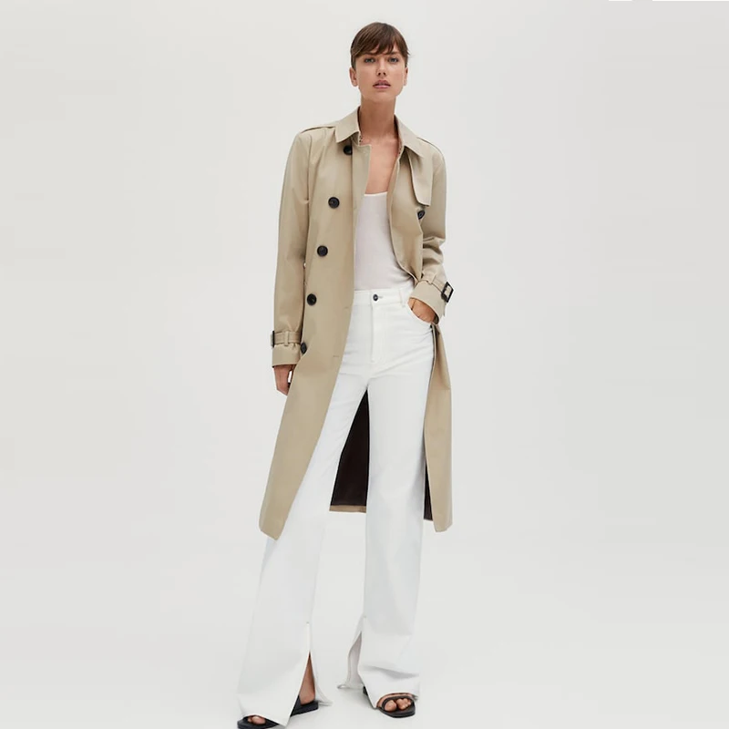 New Fashion Classic Solid Color 100% Cotton Button Long Coat Trench Coat With Belt Mid-length Plus Size Winter Outdoor Jackets