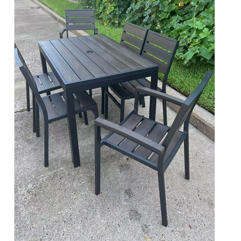 Outdoor Indoor Furniture Patio Garden Restaurant Hotel Bistrio Aluminum Plastic Teak Tabke Chair and Table Set with Umbrella