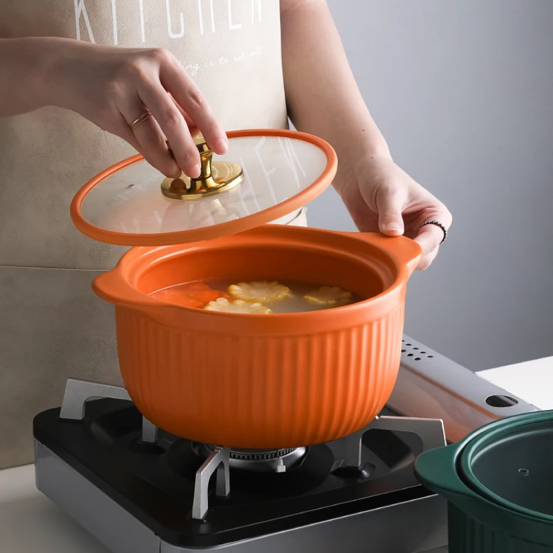 
Wholesale Ceramic Kitchen Soup Cooking Pot Two Ear Clay Casseroles Pots with Glass Lid Household Cooking Pot Cookware 
