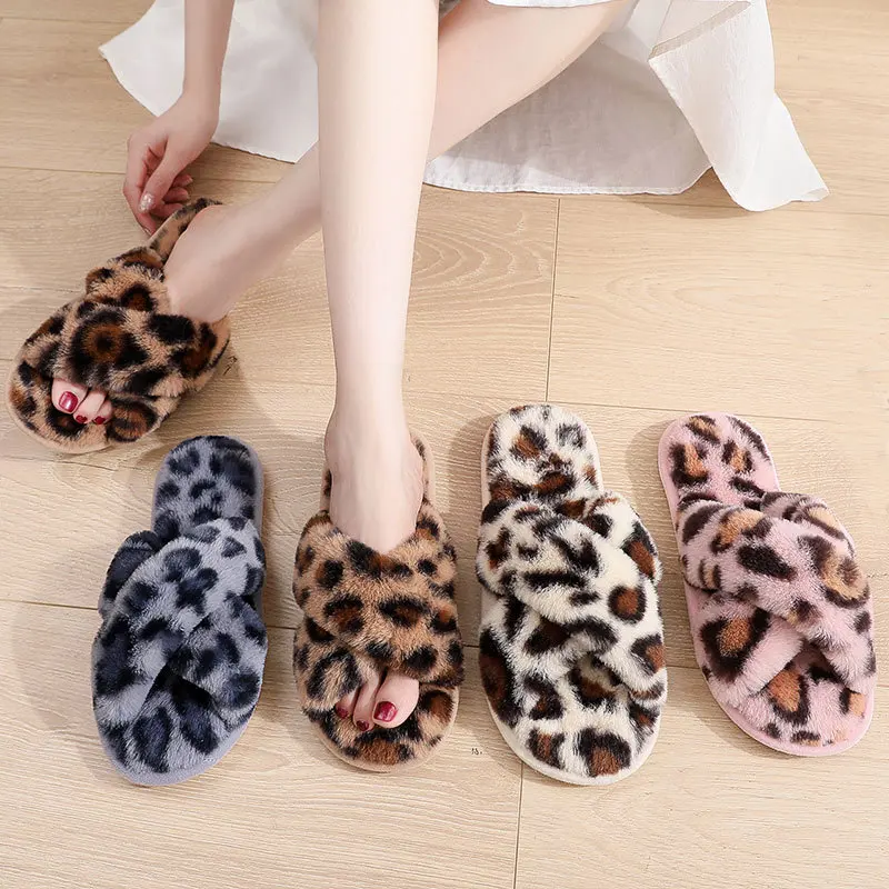 Wholesale Fashionable Cross Strap PVC Sole Winter Warm Fluffy Indoor Plush Faux Fur Home Soft Slippers for Women Lady