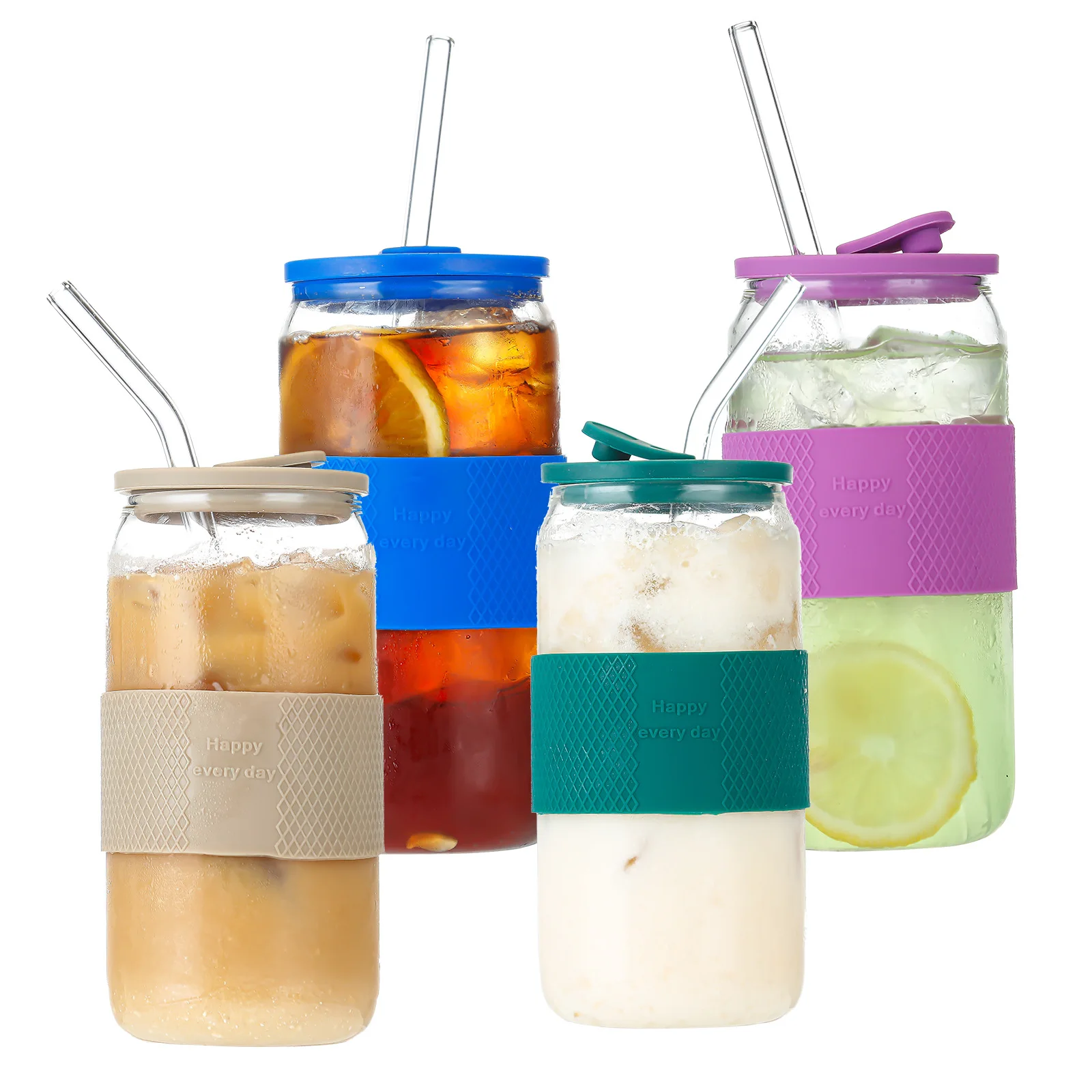 Borosilicon Factory Direct Sales Silicone Straw Cold Water Glass Water Cup 16oz Glasses Juice Jar With Wooden Bottle Lid 500ml