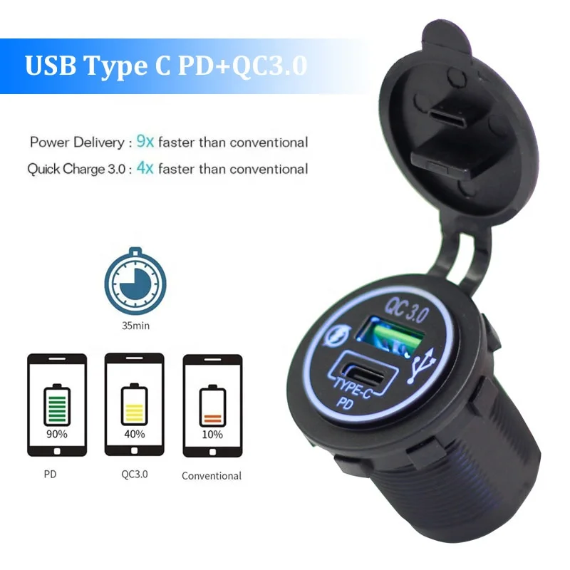 12V 24V Universal Dual Port Bus Car Socket QC3.0 USB Type C 20W PD USB Car Charger