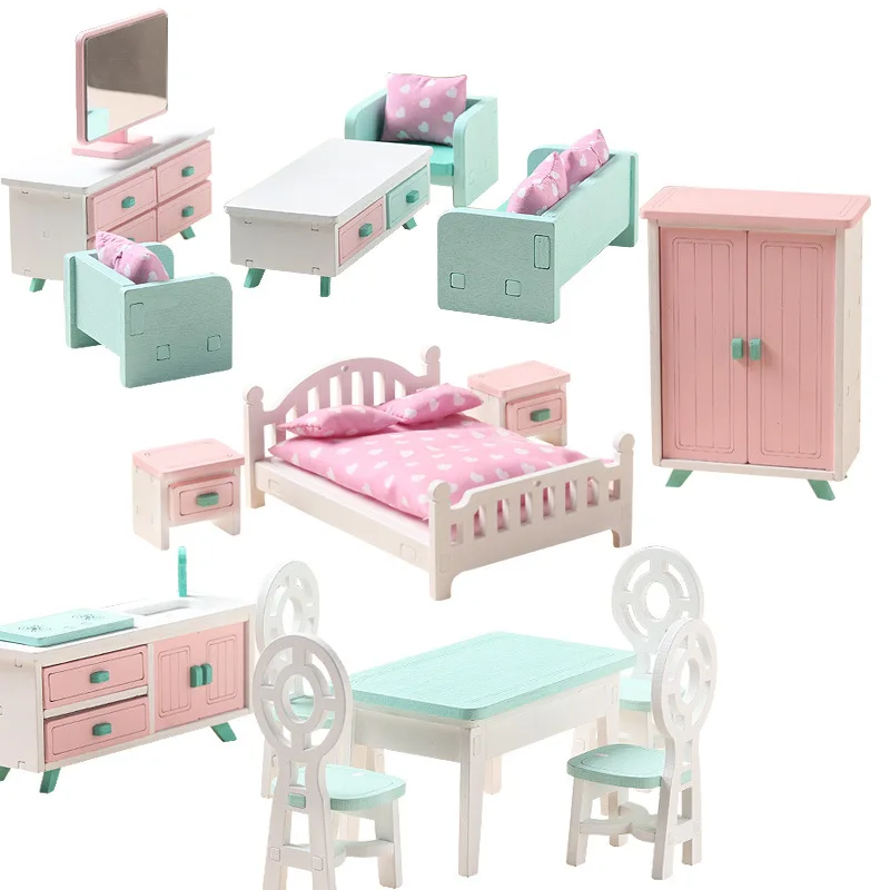 Wooden educational children home mini furniture toys girl doll house simulation pretend toy set