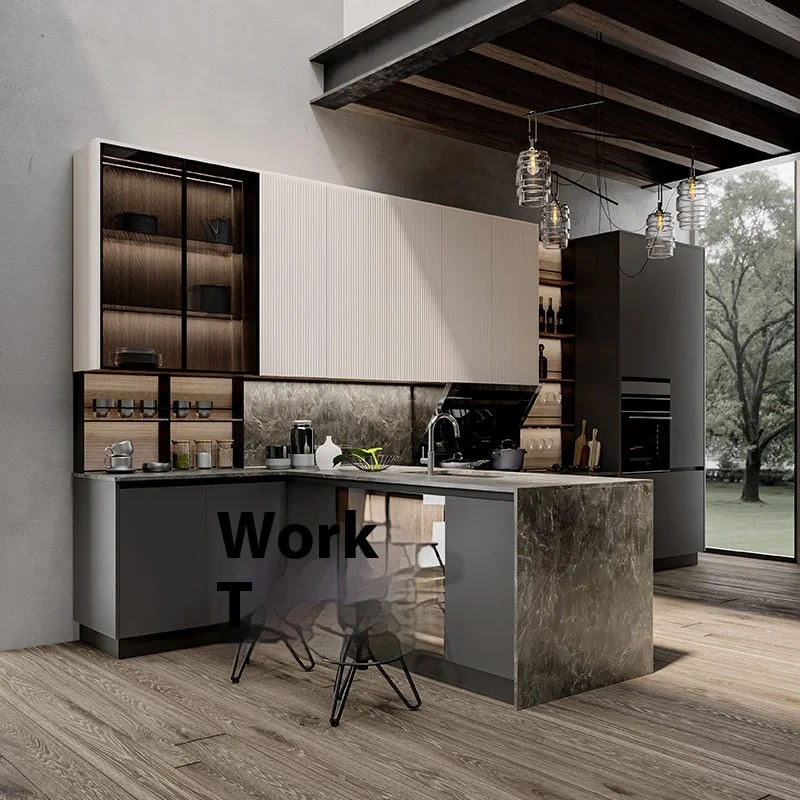 Custom Modern Integral Kitchen Cabinets, Premium Solid Wood MDF Open Integrated Stove and Quartz Countertops