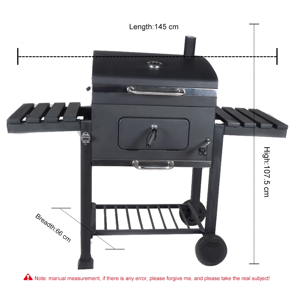 Garden Square Trolley Cast Iron Barbeque Grill Smoker Charcoal Barbecue BBQ Grill With Chimney