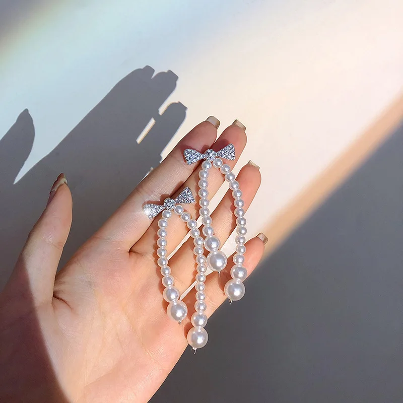 Temperament Stainless Steel For Women Girls Geometry Sparkling Zirconia Crystal Bowknot Imitation Pearl Tassel Long Earrings