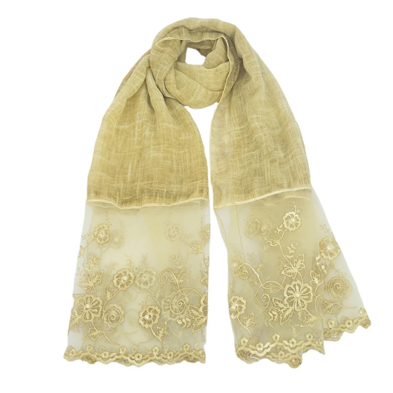 Lace edges with beads shawls floral lace solid color cotton viscose scarf Muslim women hijabs soft quality cotton viscose scarf