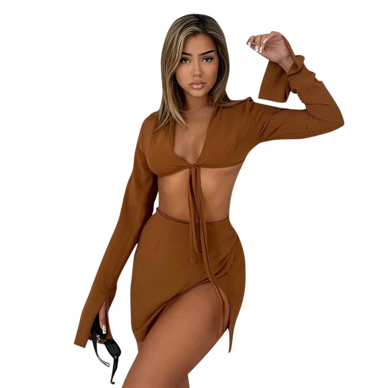 2021 Fall Sexy Lace Up Crop Top Matching Irregular Slit Skirt Suit Turn Down Neck 2 Piece Skirt Set Women Clothing