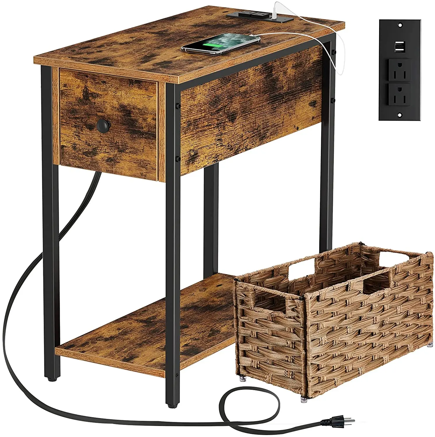 Лидер продаж Amazon, боковой столик с бесплатным образцом, с зарядной станцией, боковой столик с выдвижным ящиком для гостиной, боковой столик, ночная подставка