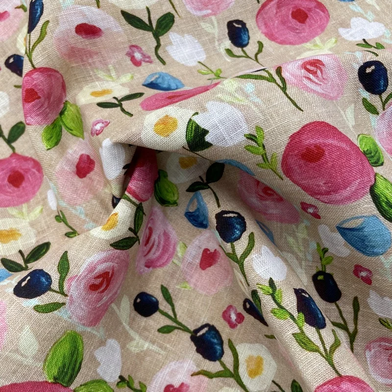 Wholesale 100% linen floral design spring flower print fabric for woman apparel
