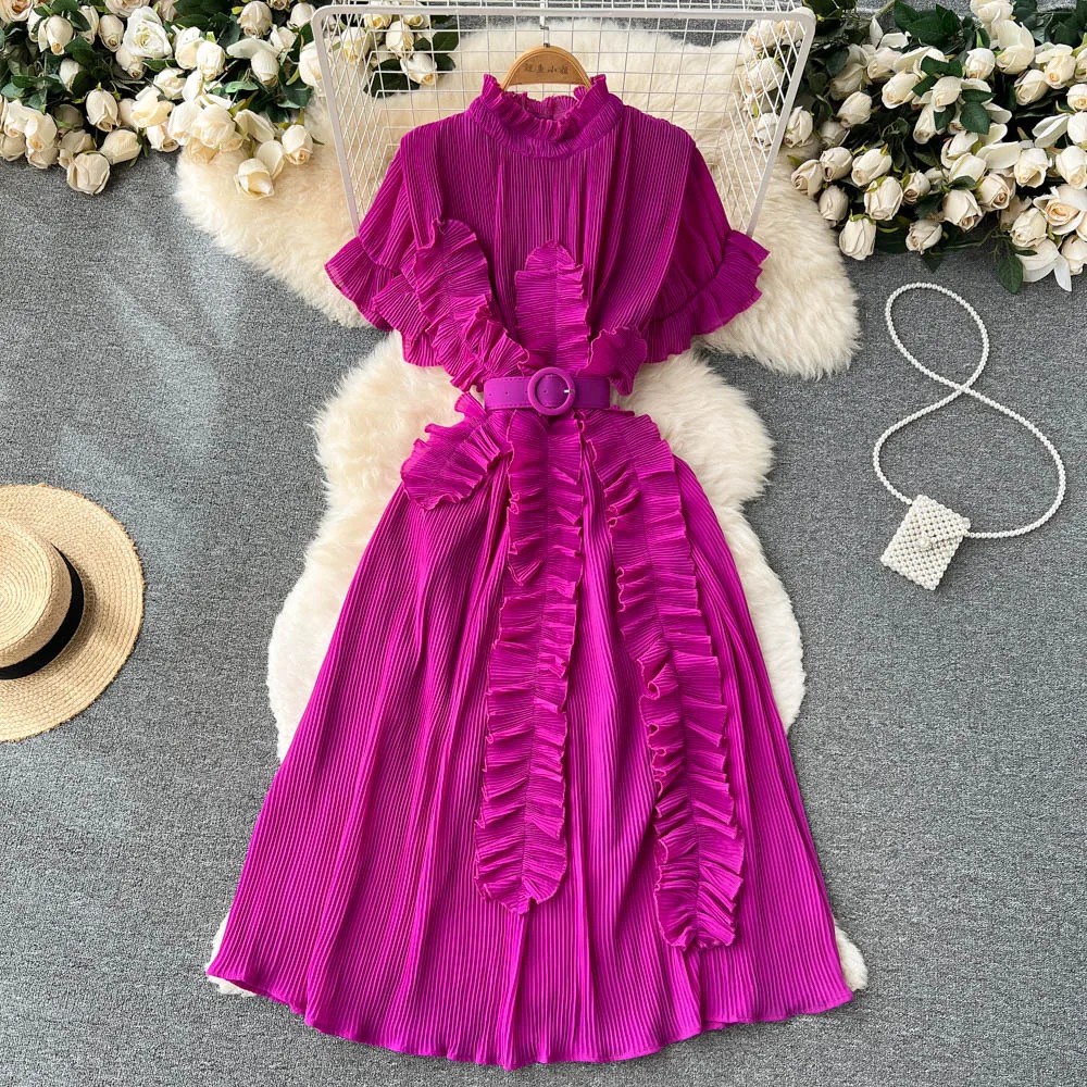 Wholesale Summer 8 Colors Woman Clothing Ladies Elegant Pleated Short Sleeve Midi Dress With Belt