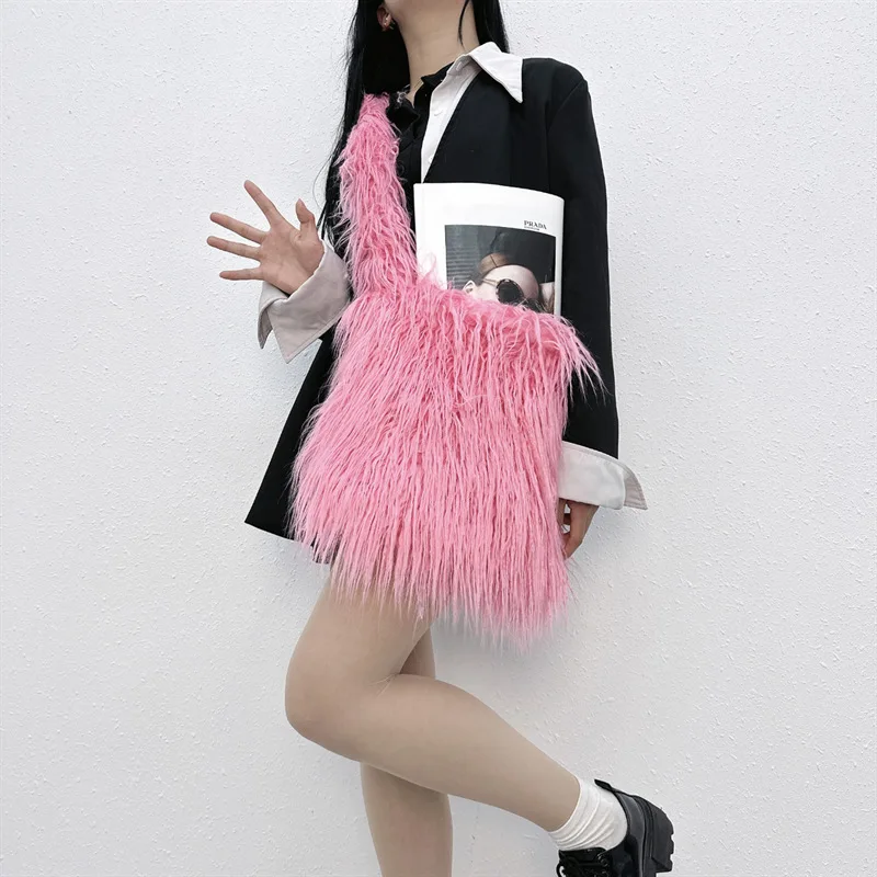 Women Soft Plush Hobos Y2k Shoulder Bags Winter Furry Ladies Clutch Purse Handbag Fashion Female Underarm Bag Hasp
