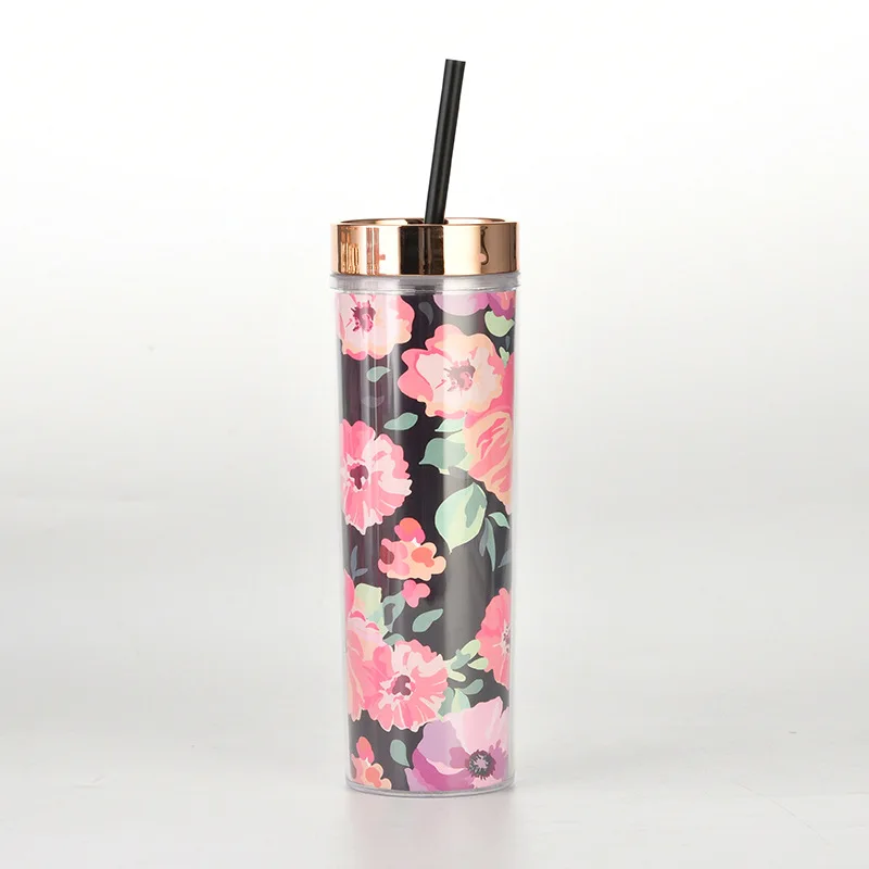 Wholesale 16oz Tumbler Trend flower Double Wall Acrylic Tea Coffee Skinny plastic tumbler cups in bulk With Lid And Straw