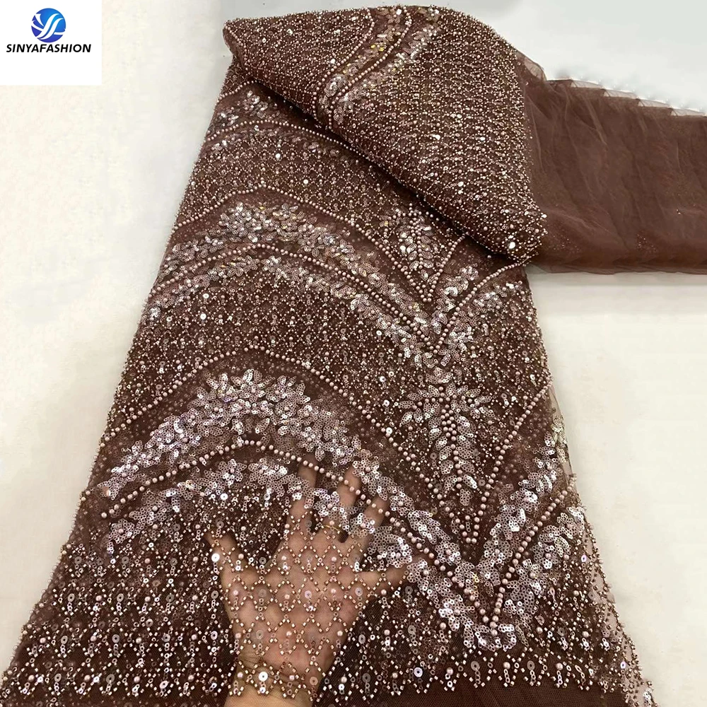 Sinya African 3D Sequins French Tulle Lace Embroidered Bridal Wedding Nigerian Heavy Beaded Lace Fabric Luxury For Dress
