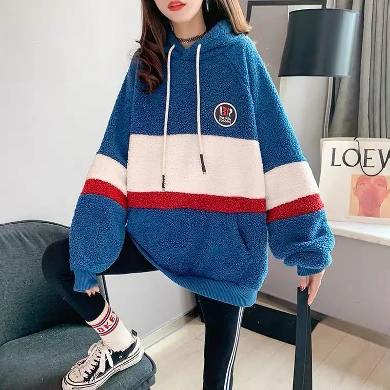
Lamb wool hooded sweater women autumn and winter plus velvet loose Korean style lazy wind thick top coat 