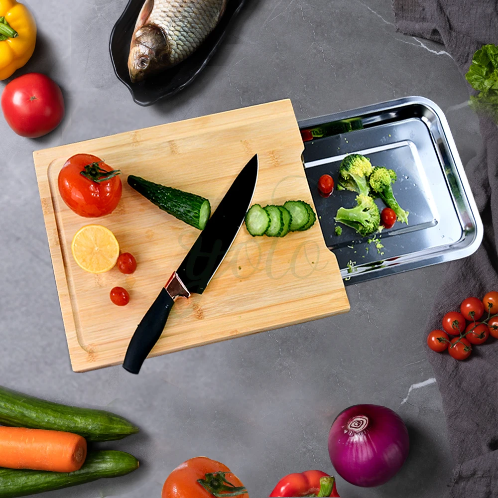 Kitchen Stainless Steel Metal 2024 Double Side Butcher Food Blocks Bamboo Cutting Wooden Chopping Board Set with Tray Container
