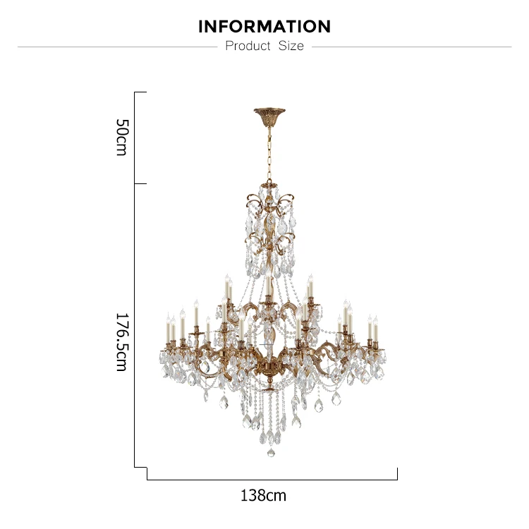 Elegant Decorative Hotel Lobby Large Solid Brass Luxury K9 Cristal Chandelier for High Ceiling