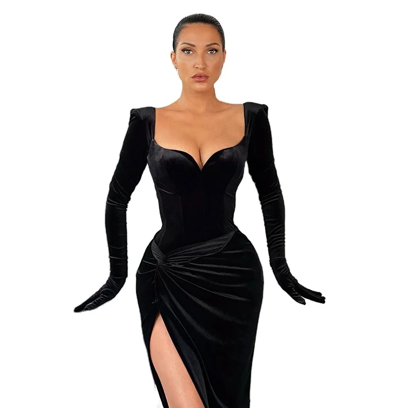 Women Autumn Velvet Long Sleeve Bodycon Luxury Dress Vintage Side Slit Twist Evening Dresses