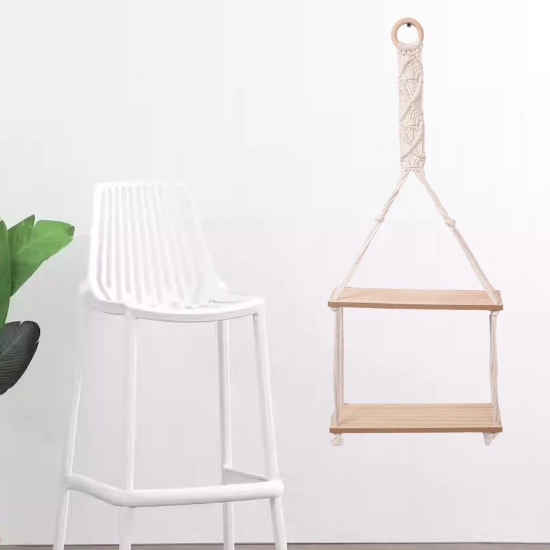 Cotton Rope Wooden Shelves Wall Hanging Shelf For Living Room Decoration