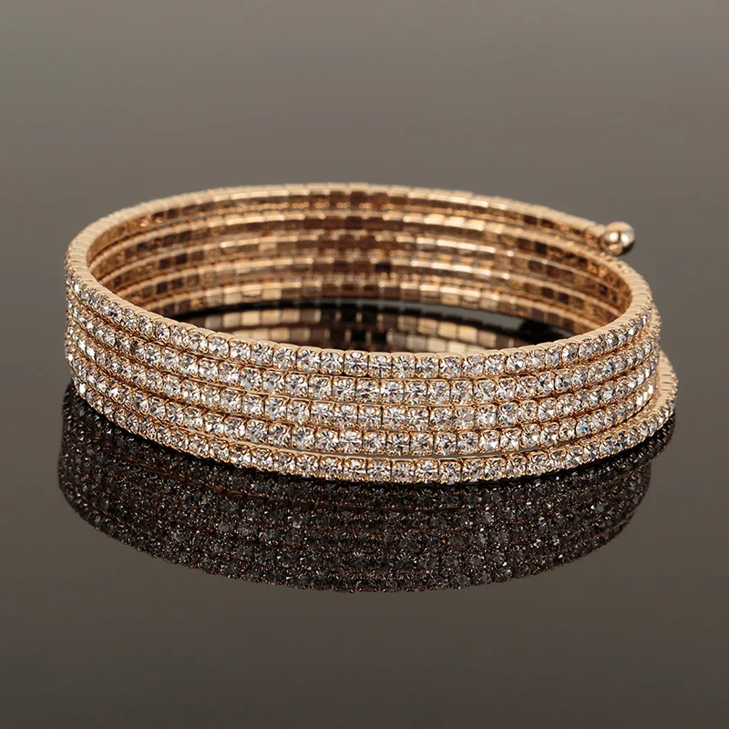 Hot Sale Delicate Jewelry Metal Wire Flexible 5 Rows Crystal Rhinestone Chain Silver Plated Bangles