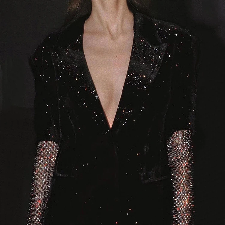 
elegant latest design pearl sequined velour long sleeve black women blazer 