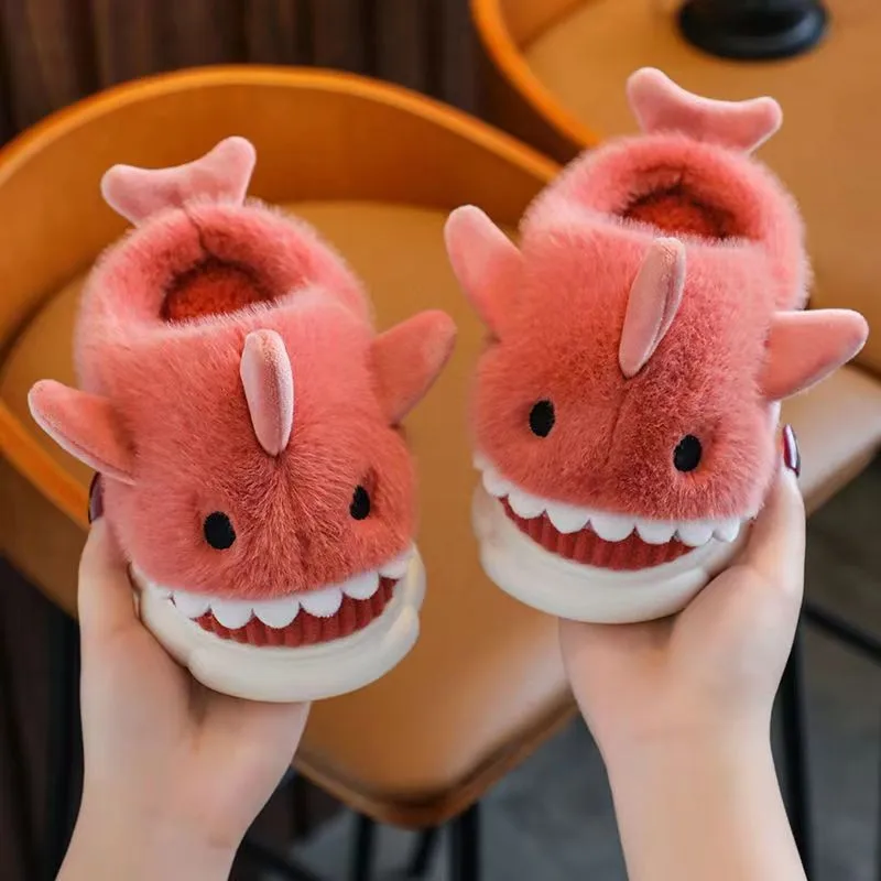 2022 Shark Slippers Children Winter 6 To 12 Years Old Thick Bottom Non-slip Cartoon Little Boy Home Girl Boy Cotton Slippers