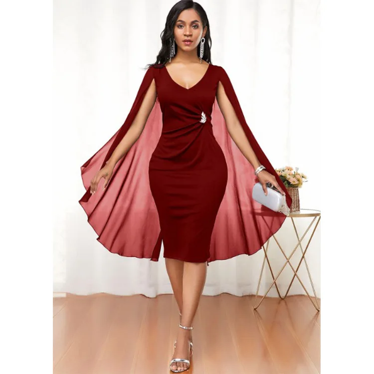 2022 mother of the bride clothing Slim explosive V-neck sleeveless with cape mid-length plus size dress for lady party dress