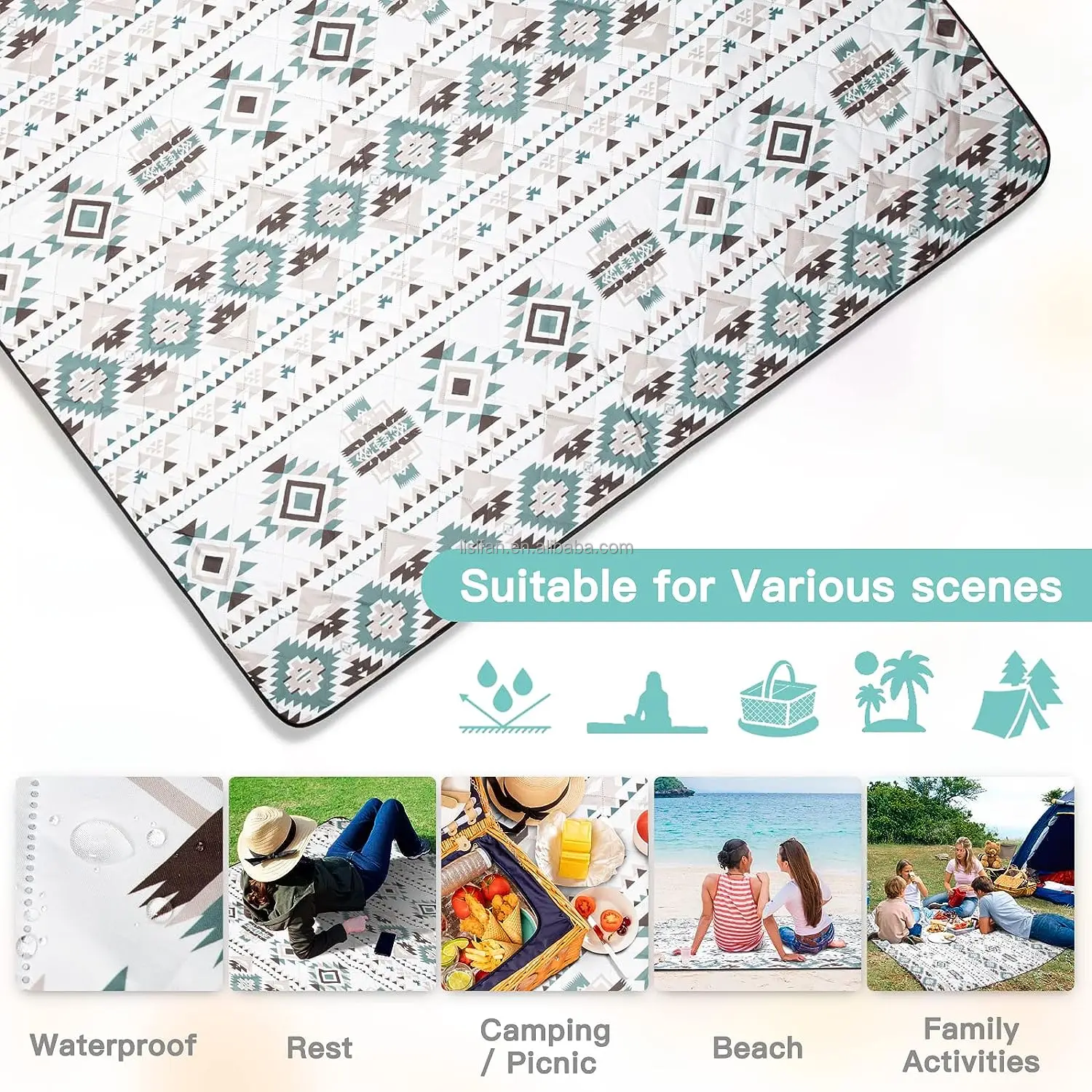 Custom Waterproof Recycled Woven Picnic Rug 3 Layers Thick Cotton Padded Bohemian Camping Picnic Blanket