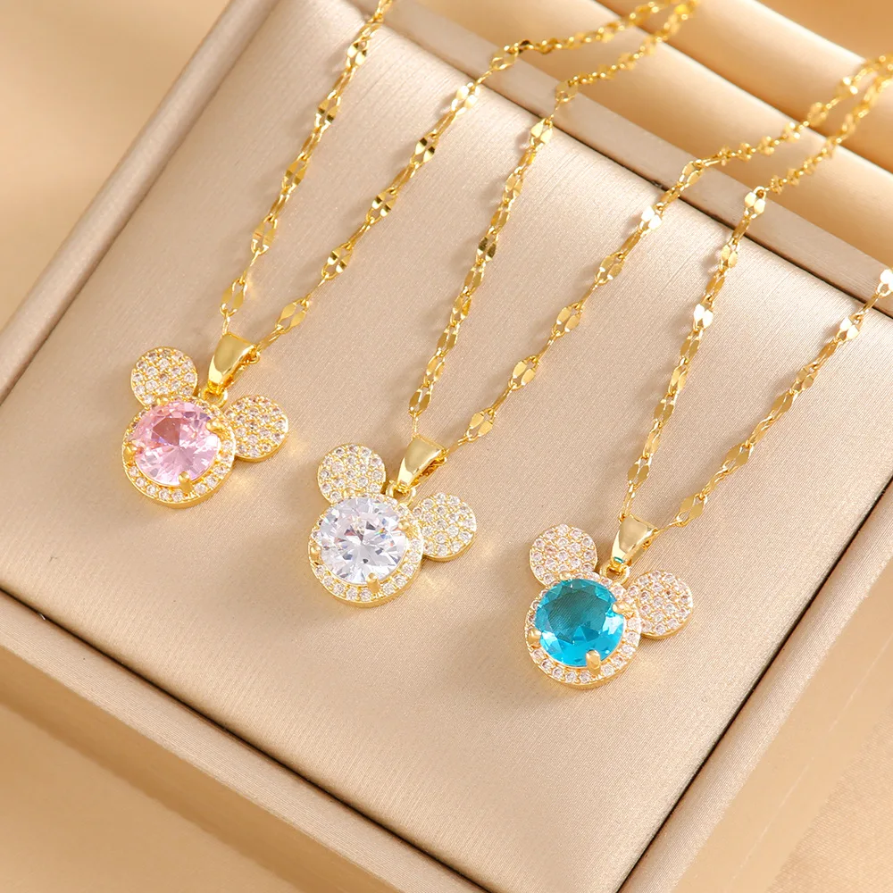 Wholesale Non Tarnish 18K Gold Plated Stainless Steel Diamond Zircon Mouse Head Mickey Pendant Necklace Jewelry For Women