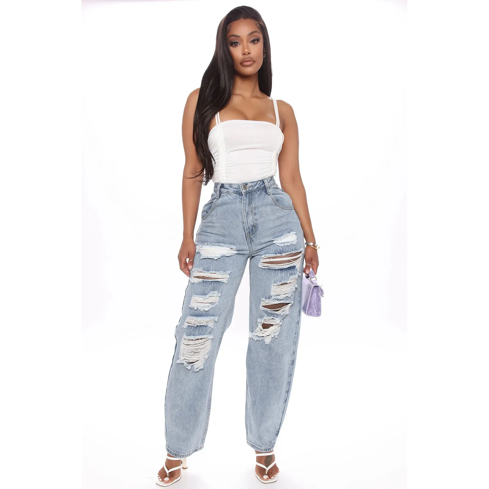 Liluo Women Flare Jeans Mid Waist Bell Stretch Slim Pants Length Jeans New Fashion Hole Denim Straight Pants Pantalones De Mujer