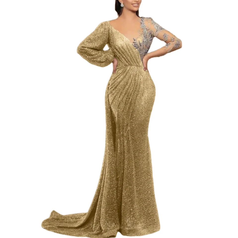 Mermaid _ Trumpet Evening Gown Elegant Dress Formal Christmas Court Train Long Sleeve Illusion Neck Sequined with Pleats Sequin