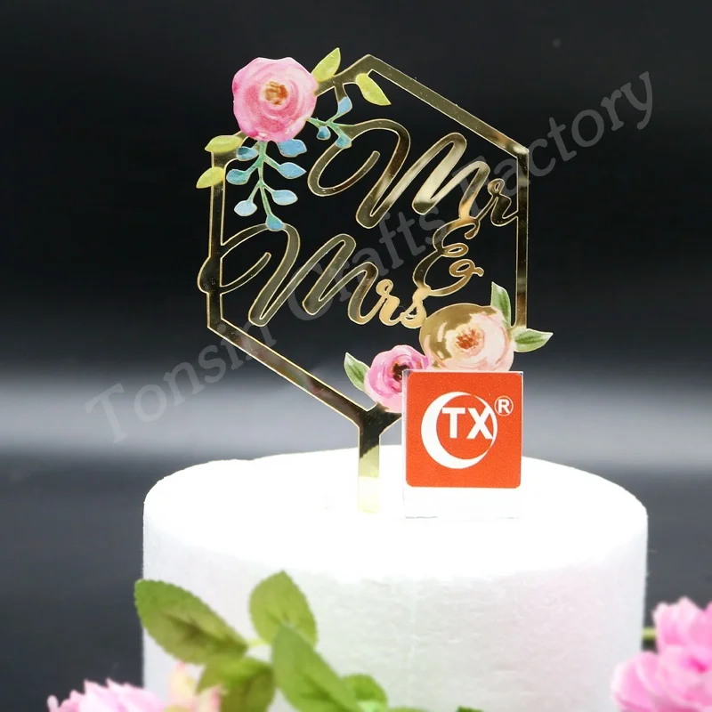 
TX Personalized 3d Art Painting Mr & Mrs Wedding acrylic cake topper gold mirror for Bride and Groom Wedding silhouette 