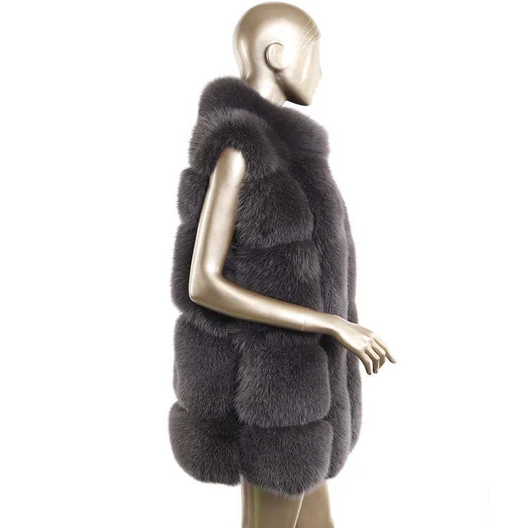 wholesale custom fashion soft fluffy 80cm long dark grey real fox fur vest for women