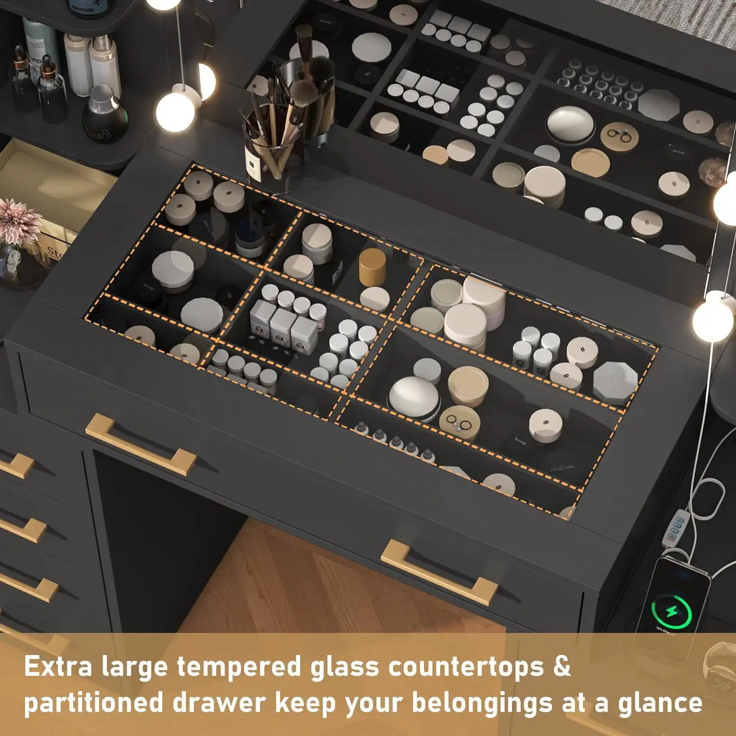 Modern Vanity Desk Mirror LED Lights Glass Top Vanity Desk with Charging Station Compartment Storage Drawers White