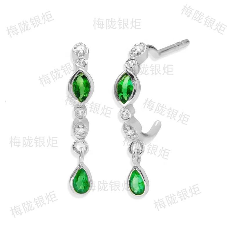 YINJU 925 Sterling Silver Dainty Classic Emerald Marquise Colored Sapphire Drop Open Hoop Earring
