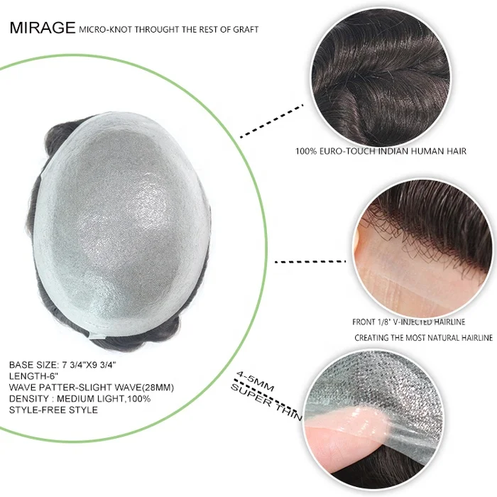 Large Stock Indian Human Hair Toupee with Thin Poly Skin Base