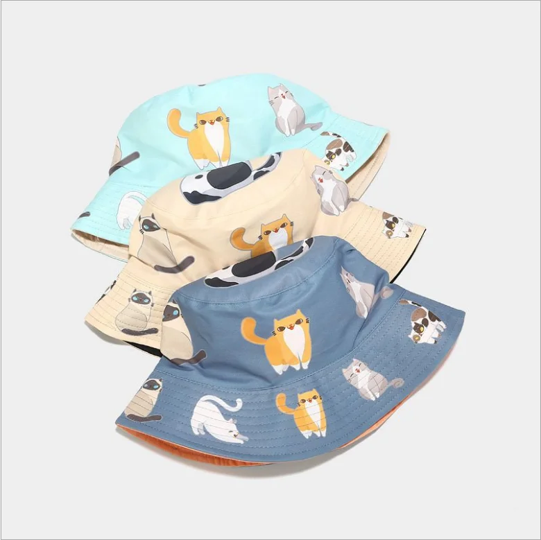 Japanese lovely cat print bucket hat summer outdoor students double-sided fishman hat