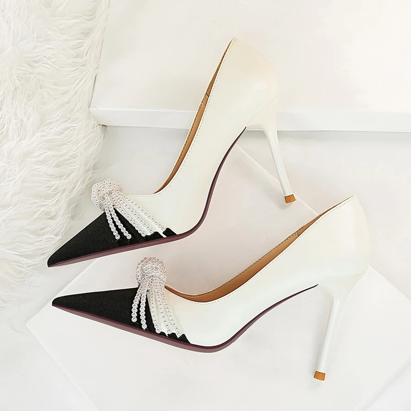 Size 34-43 Women Pumps Mixed Color Fashion Pointed Toe Thin Heel New Style String Beaded Office Ladies Spring Footwear