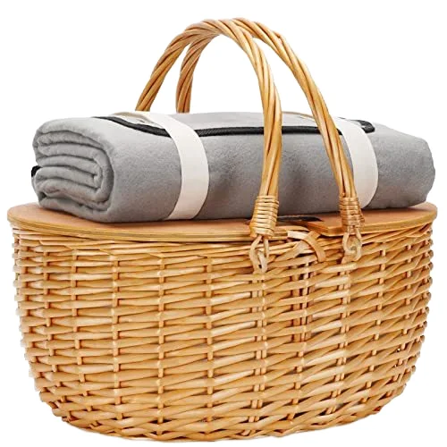 Vintage style pure hand-woven wicker picnic basket with with wooden handle and lid